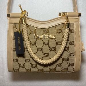 Bebe Crossbody Purse Bag Agathe Jacquard Crystal Mini Satchel Beige Gold NEW